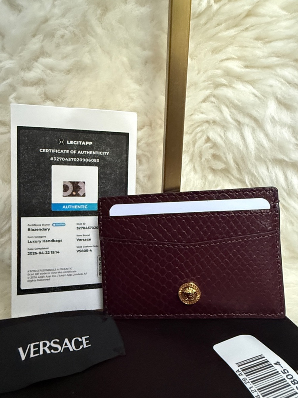 Versace Burgundy Snakeskin Leather Card Holder with Gold Medusa Button